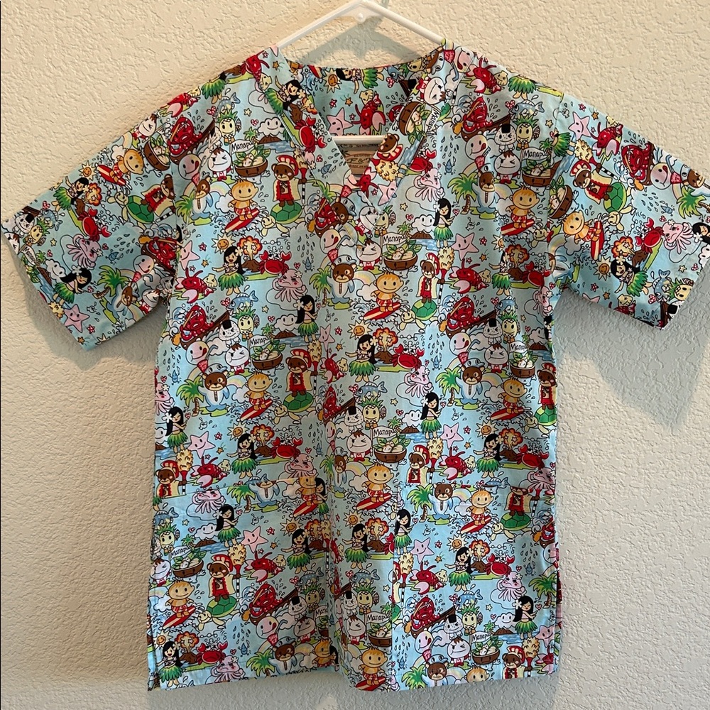 Colorful Cartoon Hawaiian Print Women's Scrub Top